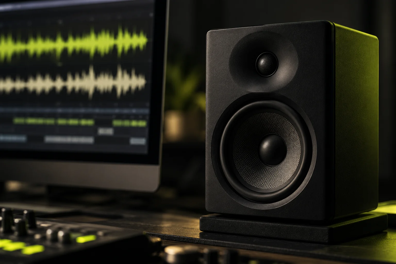 Symbolmotiv: Studiomonitor vor einer Audiowellenform